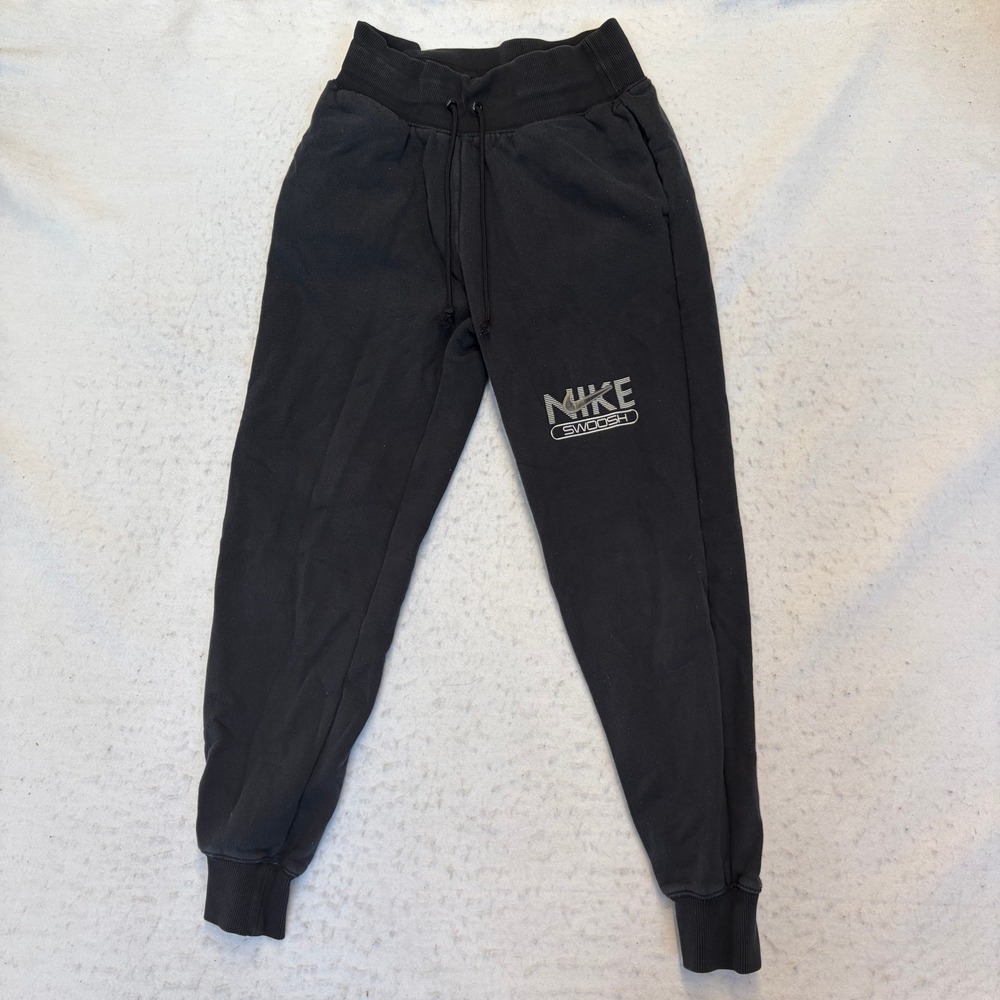Nike Swoosh Sweatpants Womens Small Black Graphic Joggers Fleece Lined